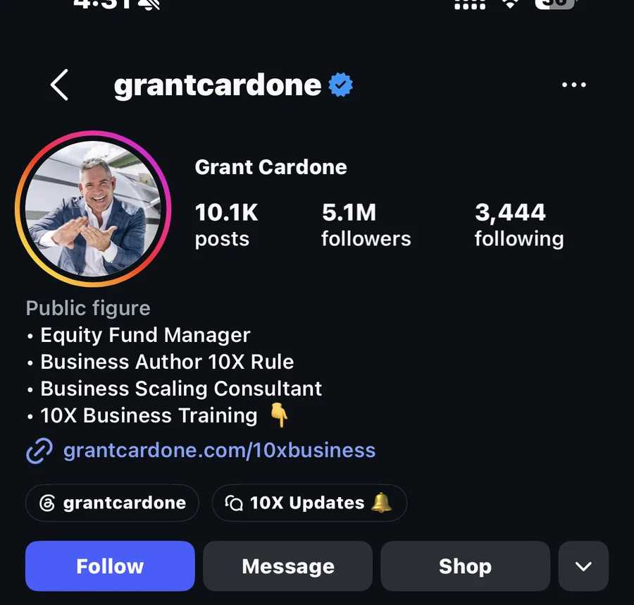 A public Instagram profile with 5.1 million followers offering business training.