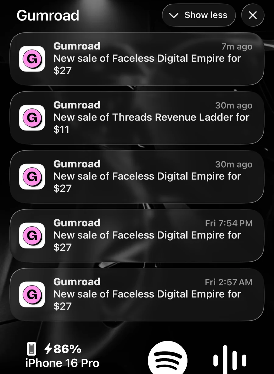 A phone lock screen stacked with consecutive digital-product sale notifications and their timestamps.