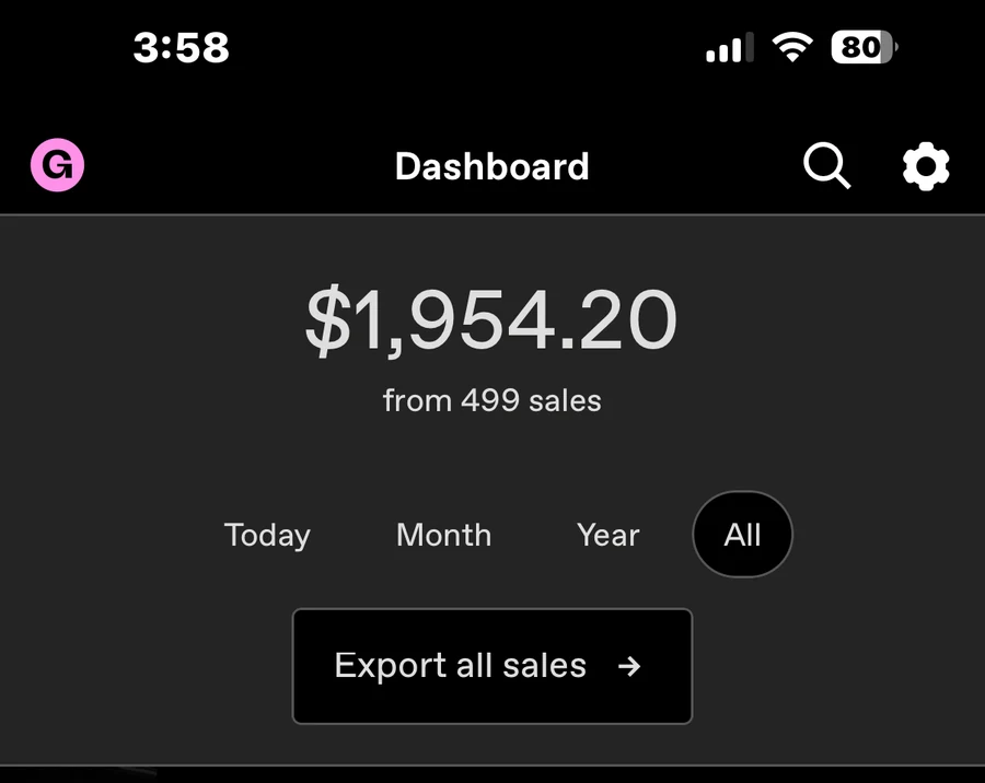 A storefront app dashboard showing 1,954.20 US dollars from 499 sales, with today, month, year and all-time ranges.